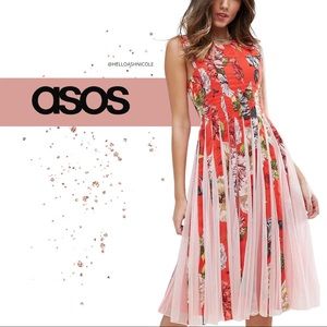 ASOS Floral Mesh Insert Fit and Flare Midi Dress